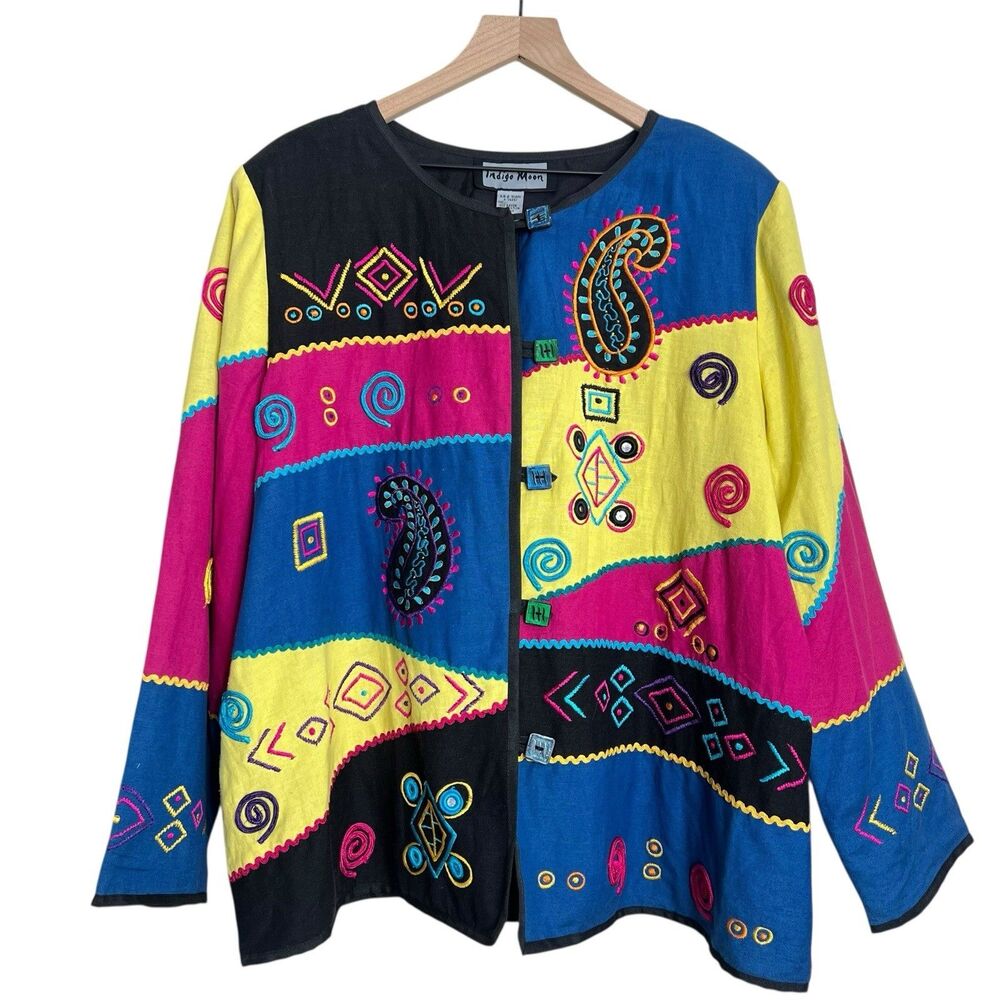 Indigo Moon Womens 1X Funky Colorful Art Button Blazer Jacket Embroidered Sequin